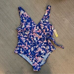 summersalt Blue Floral One-Piece Swimsuit with Pink and Cream Leaves